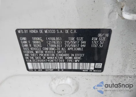 2016 Honda Hr-V Ex-L из США, поврежденный, VIN 3CZRU6H74GM757369